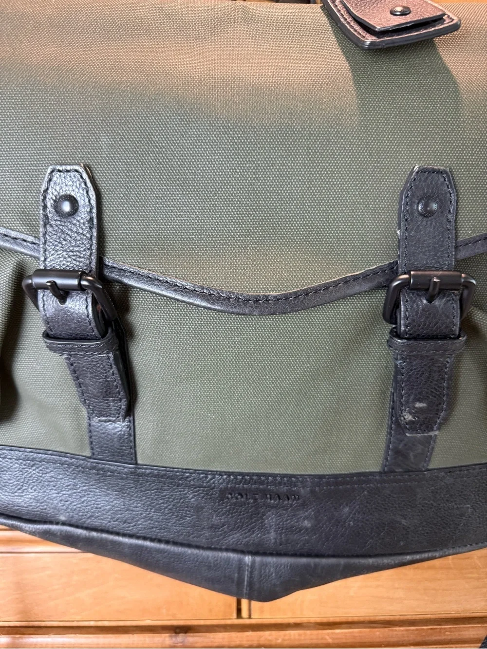 Cole Haan Olive Green Canvas Messenger Bag with Black Leather Detailing